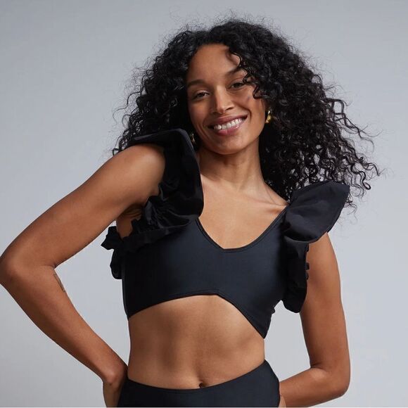 NY&C Ruffle Shoulder Black Padded Bikini Top L NWT - Picture 2 of 10